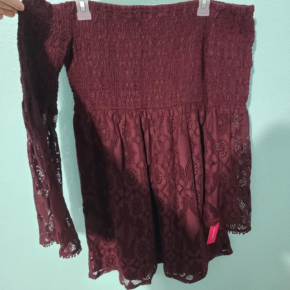 NWT Xhilaration Off Shoulder A Line Lace Dress M Wine Red